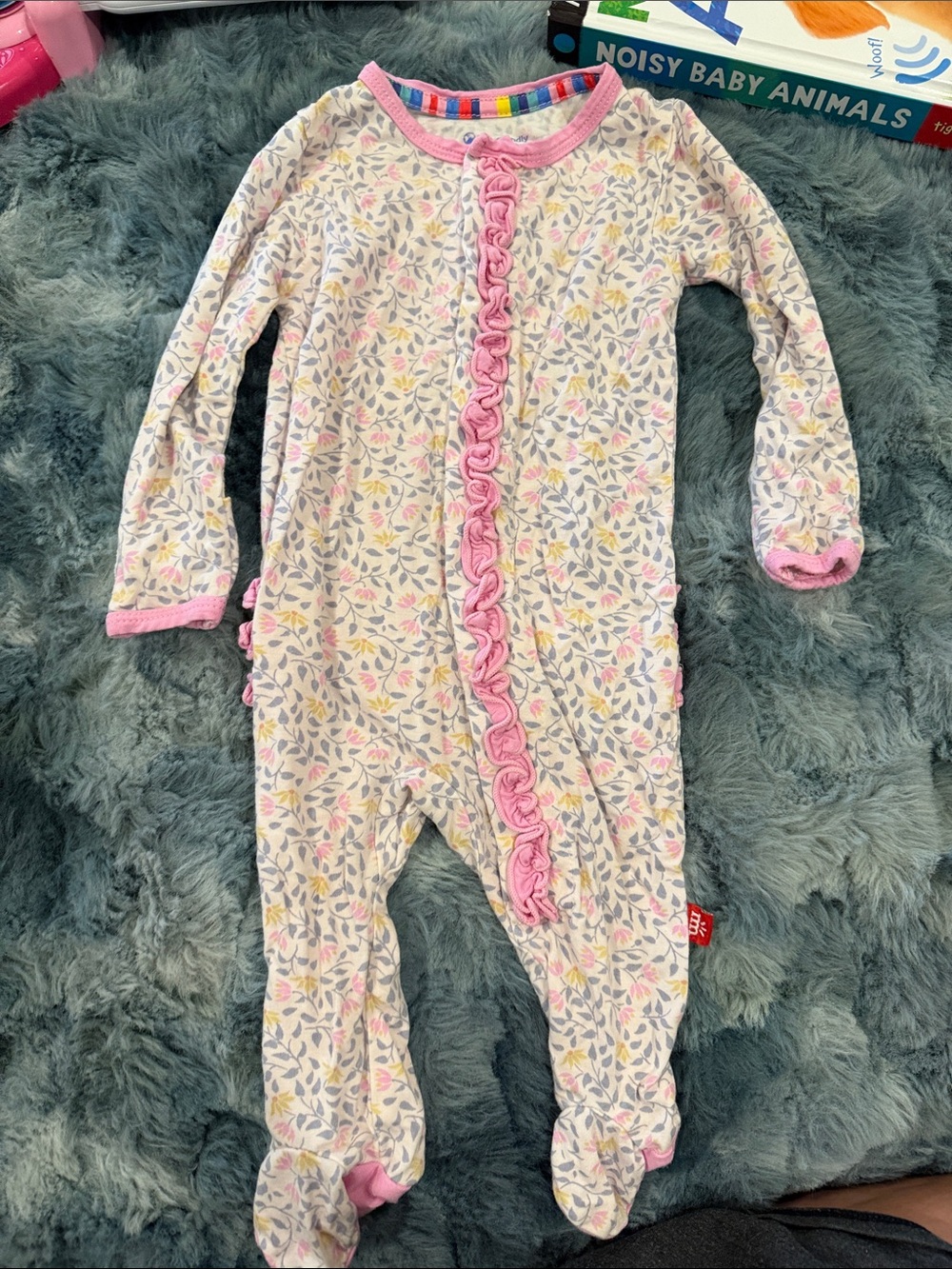 Magnetic Me White Floral Footed One-Piece with Pink Trim